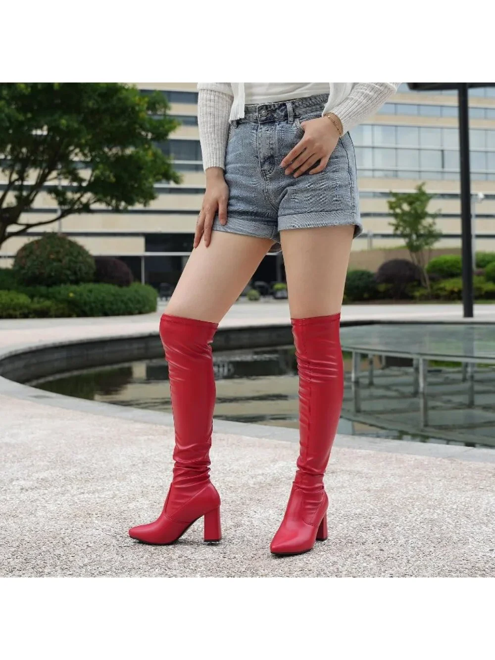 Women's Red-Pu Thigh High Boots Black Pointy-Toe High-Heel Over The Knee Boots